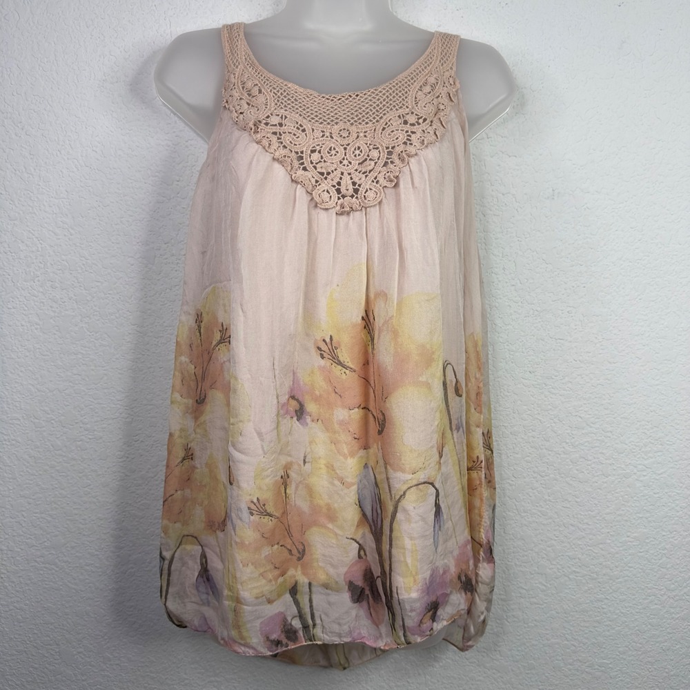 Elena Baldi Shirt Womens L Blush‎ Pink Silk Lace Floral Italy Romantic Cottage